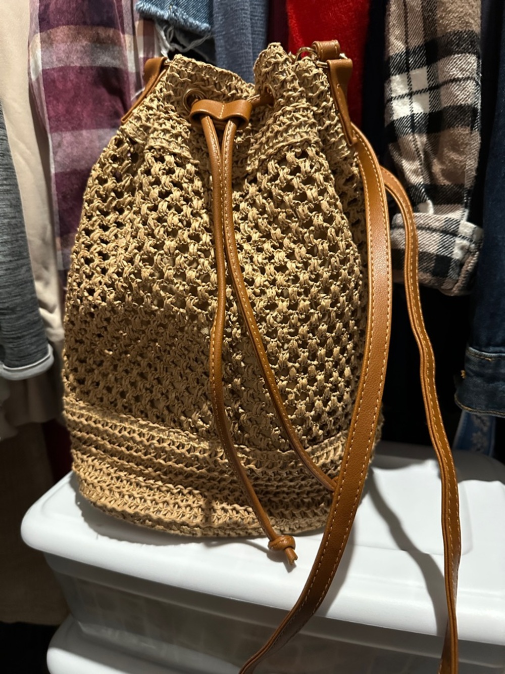 Woven Crochet Drawstring Shoulder Bag in Tan